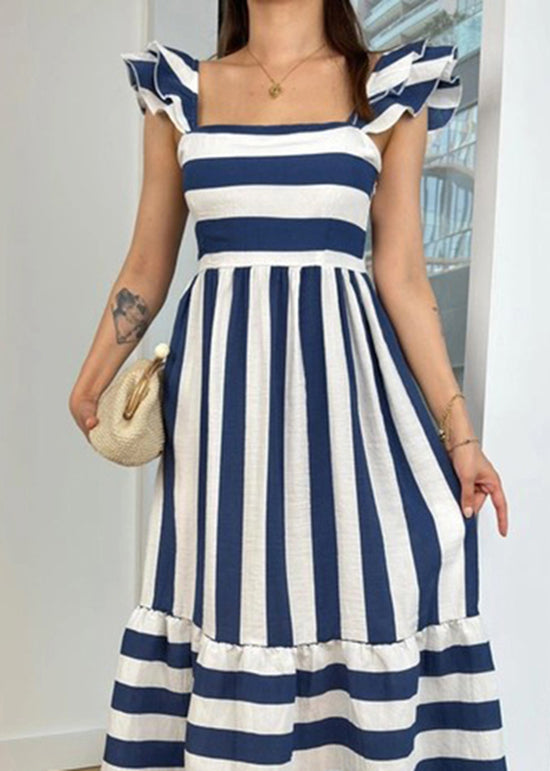 Blue Square Collar Striped Cotton Dress Butterfly Sleeve