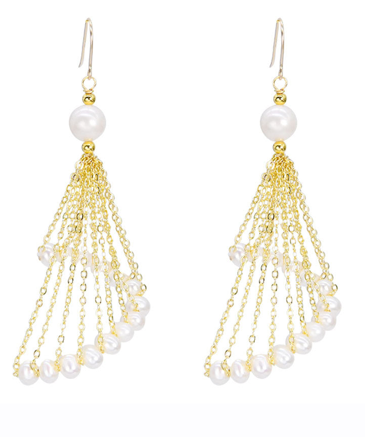 Oversize 14k Gold Pearl Tassel Drop Earrings