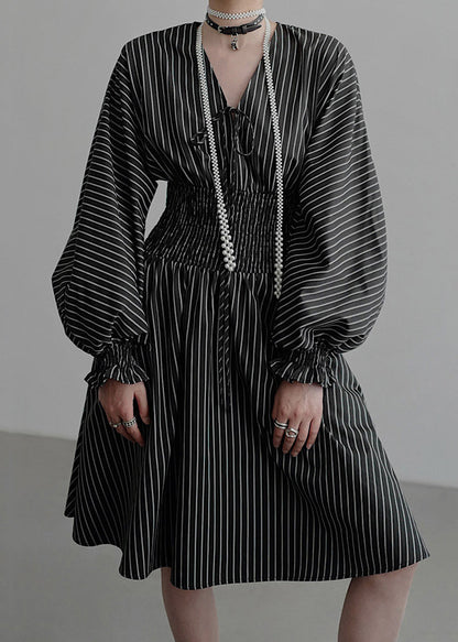 French Black V Neck Striped Pockets Cotton Mid Dress Fall