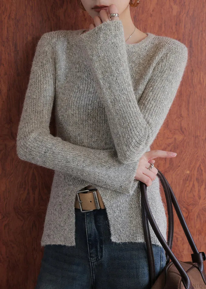 Oat Color V Neck Side Open Cotton Knit Sweaters Flare Sleeve