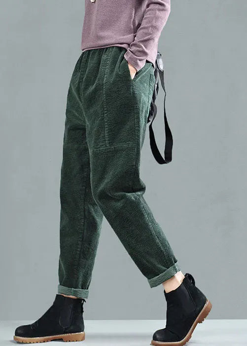 Green Elastic Waist Patchwork Corduroy Harem Pants Fall