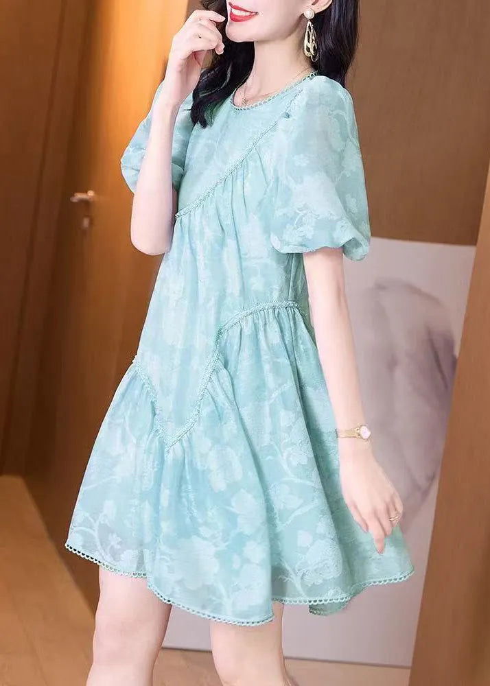 Light Blue O-neck Wrinkled Mid Dress Puff Sleeve