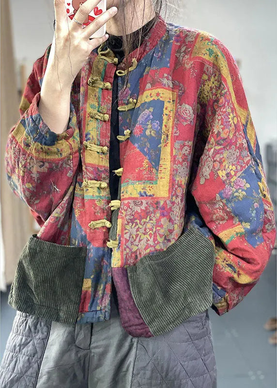 Red Pockets Button Print Fall Long Sleeve Coat