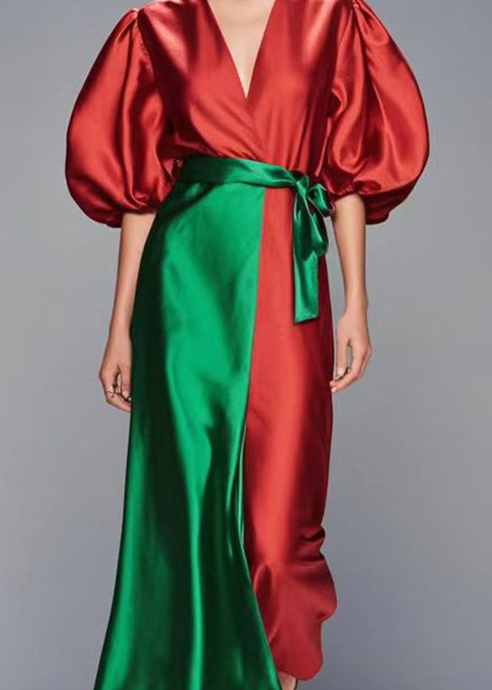 Red Puff Sleeve Patchwork Silk Robe Dresses