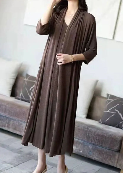 Coffee V Neck Patchwork False Two Pieces Silk Long Dress Spring
