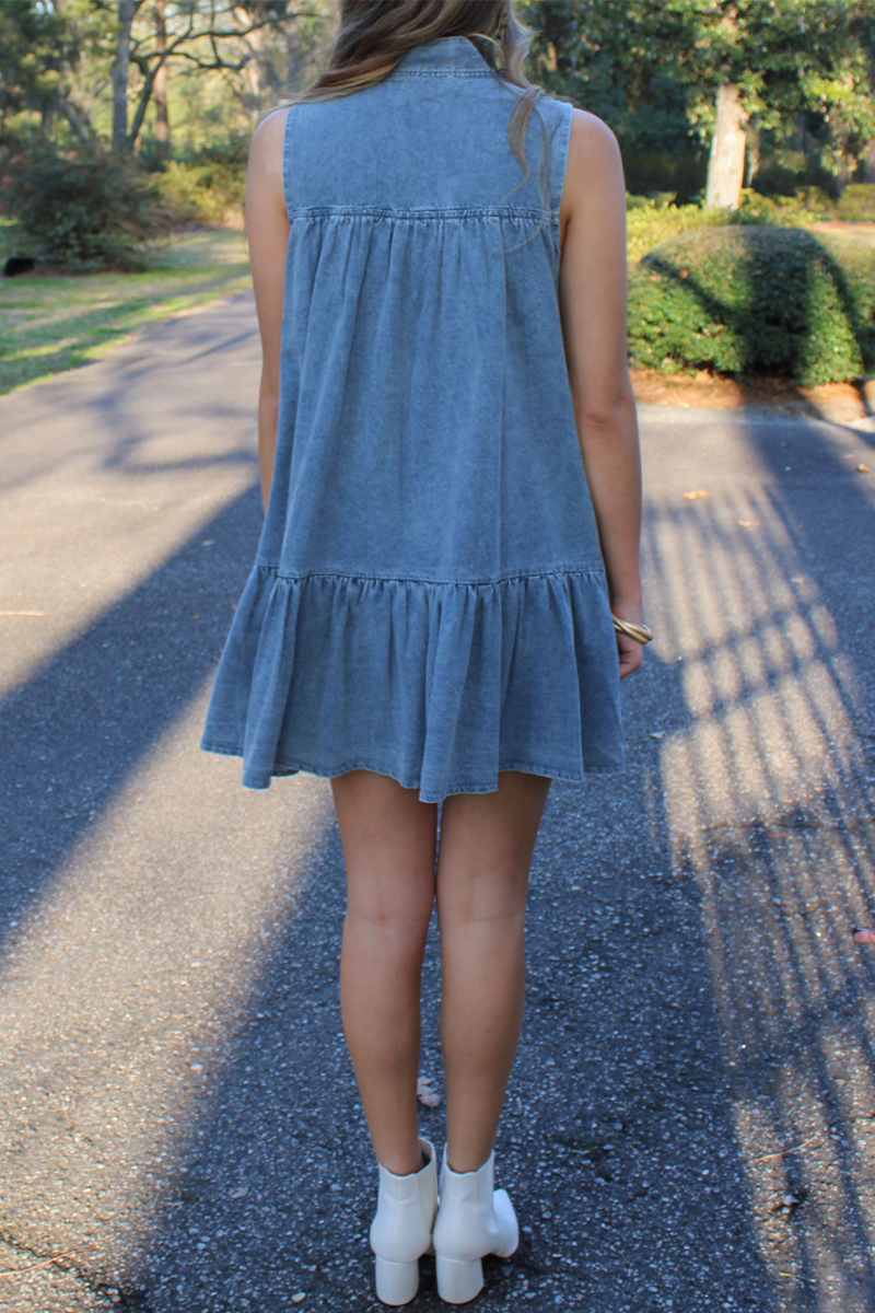 Street Color Lace Up Ruffle Bow Decor Sleeveless Loose Denim Dresses