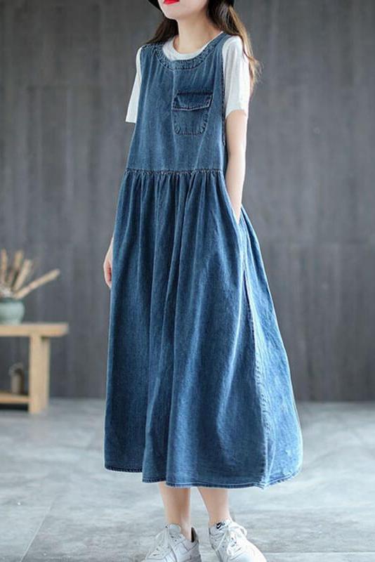Denim Pleated Long Sleeveless Pinafore Dress