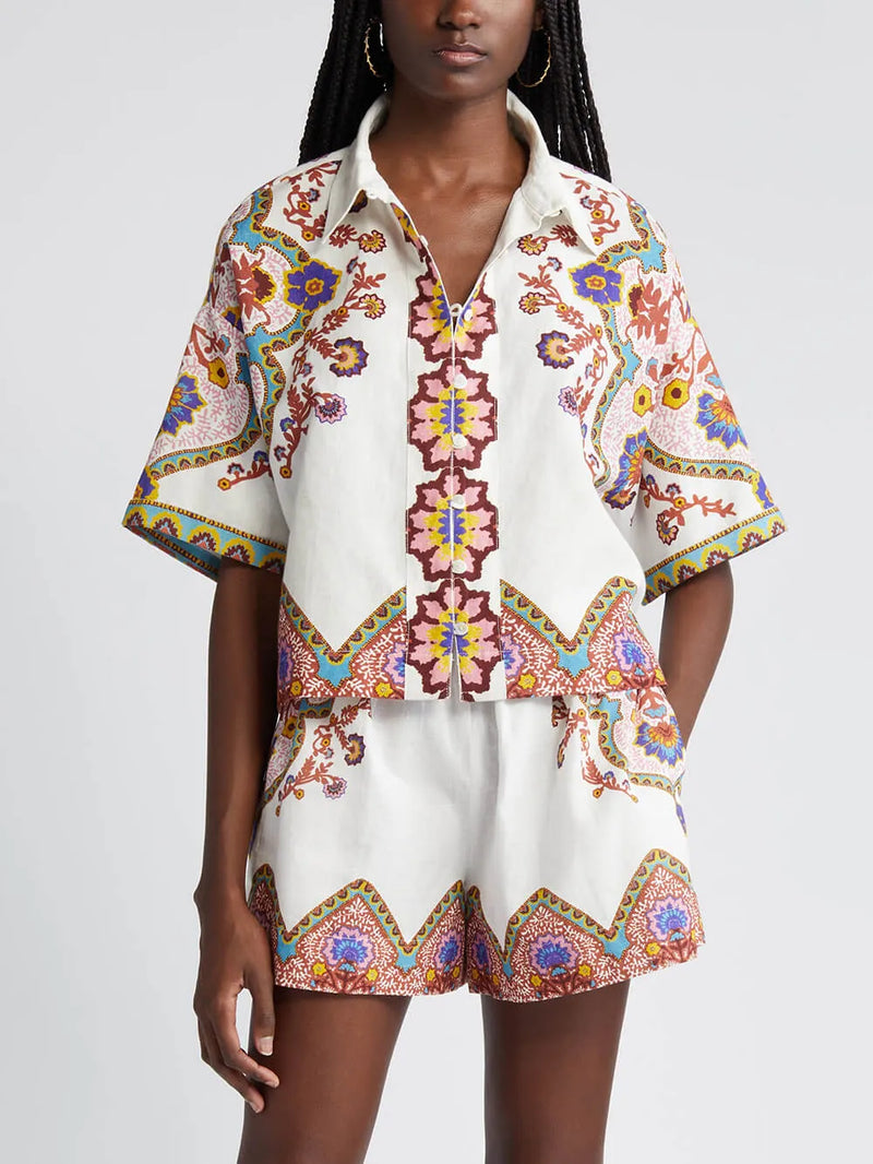 Short Sleeve Print Shirt and Shorts Suit