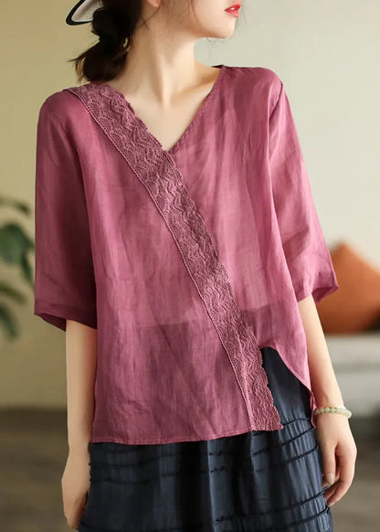 White V Neck Lace Patchwork T Shirt Short Sleeve