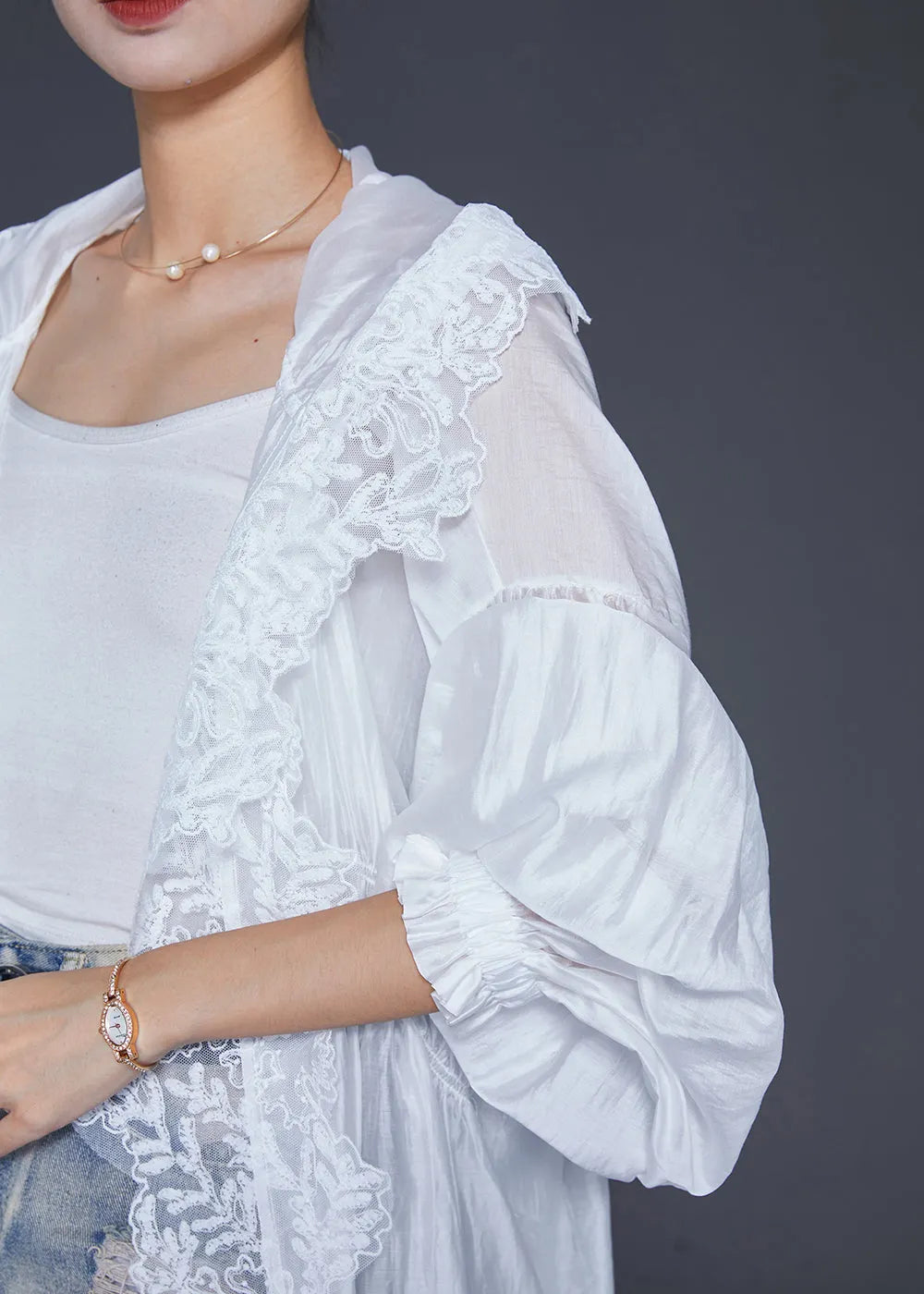 White Hooded Lace Patchwork Silk Cardigans Lantern Sleeve