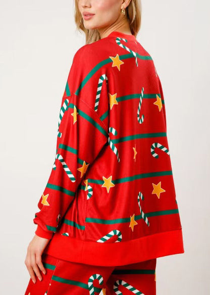 Red Print Tops and Pants Cotton Two Pieces Set Winter