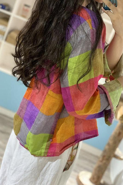Limited Stock- Irregular Plaid 100% Ramie Button Blouse