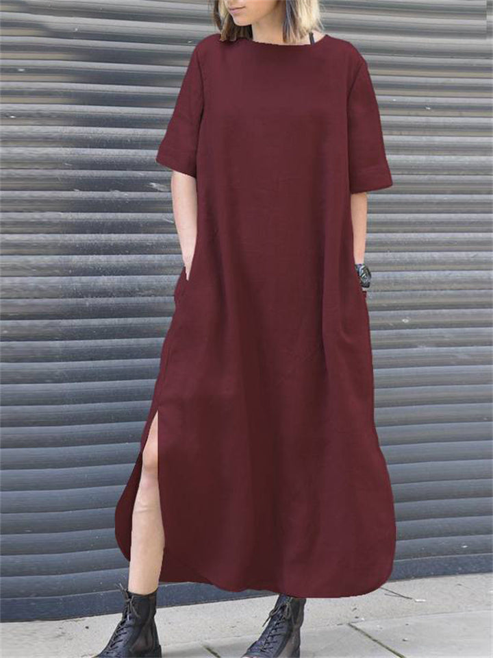 Wind Cotton Linen Color Round Neck Summer Irregular Dresses