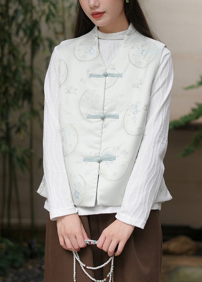 Unique Beige Oriental Button Jacquard Fine Cotton Filled Silk Vest Sleeveless