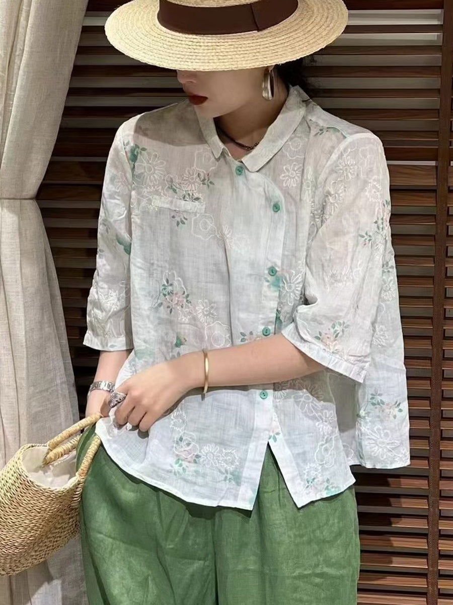 Summer Flower Slant Button-up Ramie Shirt