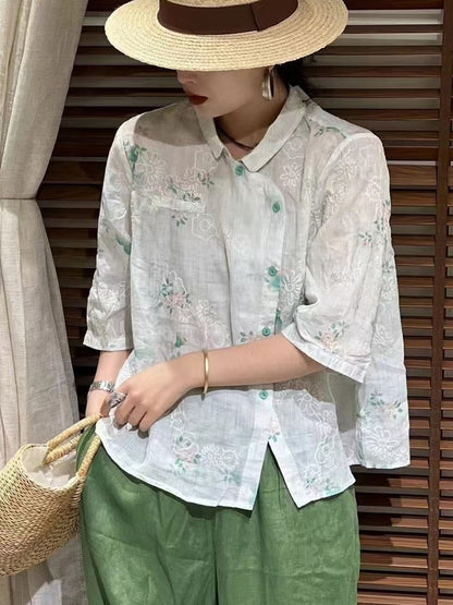 Summer Flower Slant Button-up Ramie Shirt