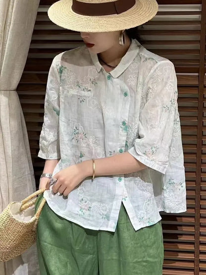 Summer Flower Slant Button-up Ramie Shirt