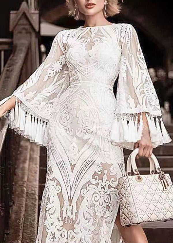 European and American Style White Tassel Embroidered Long Dress