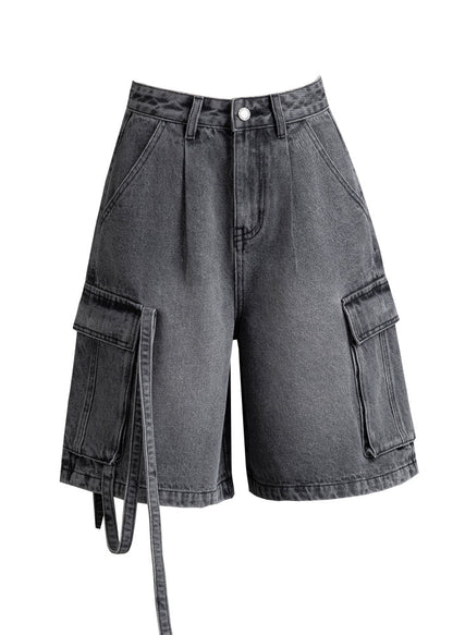 Grey Oversized Pockets Denim Crop Pants Summer