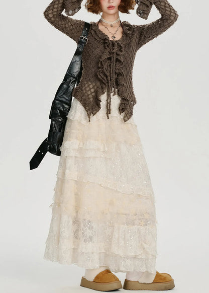 Coffee Ruffled Hollow Out Knit Shirts Flare Sleeve