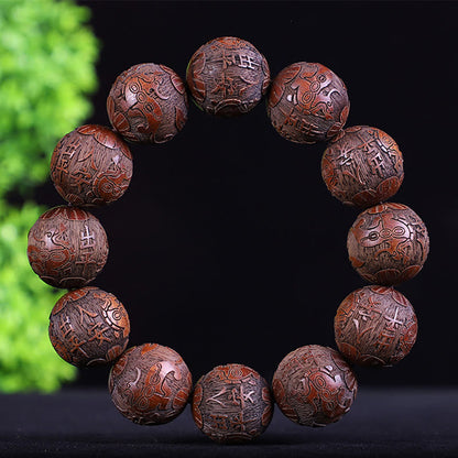 Buddha Stones Chinese Zodiac Rosewood Ebony Copper Coin Pixiu Carved Warmth Bracelet