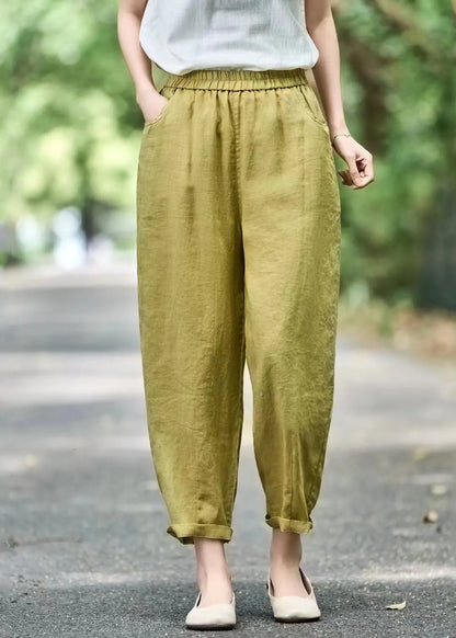 Modern Grass Green Elastic Waist Oversized Linen Harem Pants Summer