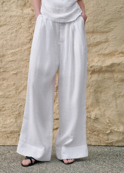 Simple Style White Pockets Linen Straight Pants Summer