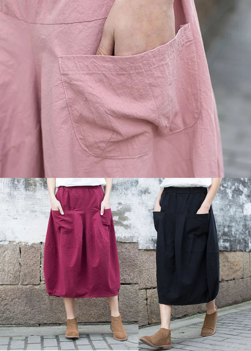 Pink Patchwork Linen a Line Skirt Pockets Color Fall