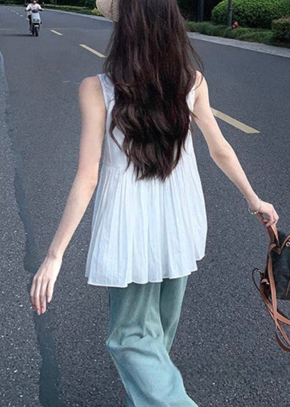 White Square Collar Wrinkled Cotton Shirt Sleeveless