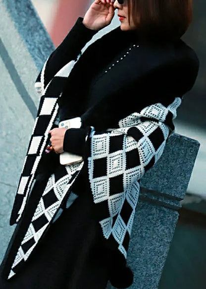 Loose Green Fur Collar Patchwork Geometric Knit Shawl