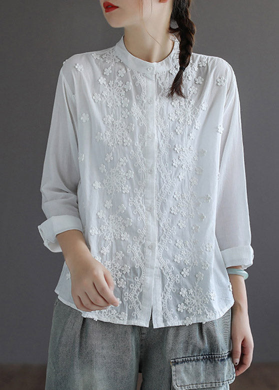 White Stand Collar Embroidered Button Cotton Shirt Long Sleeve