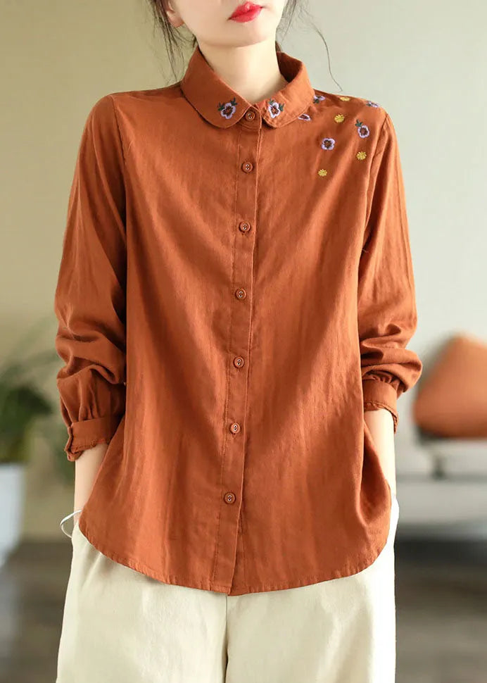 Diy Orange Turn-down Collar Embroidered Cotton Shirts Spring