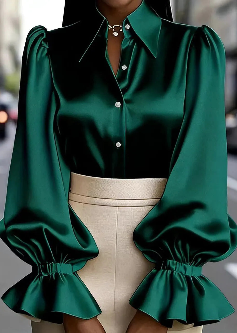 Apricot Peter Pan Collar Puff Sleeve Silk Shirts Top
