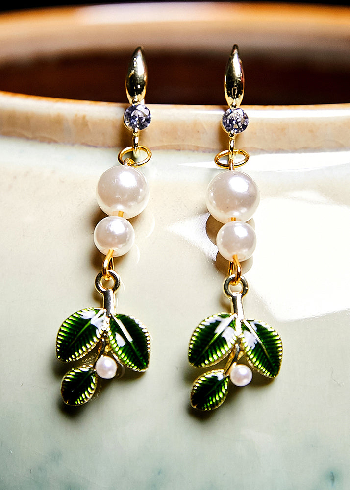 Diy Green Leaf Pearl Zircon Drop Earrings