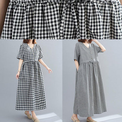 Simple Black Plaid Linen Cotton Dresses V Neck Drawstring Loose Dresses