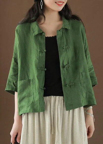 Green Peter Pan Collar Pockets Summer Linen Top