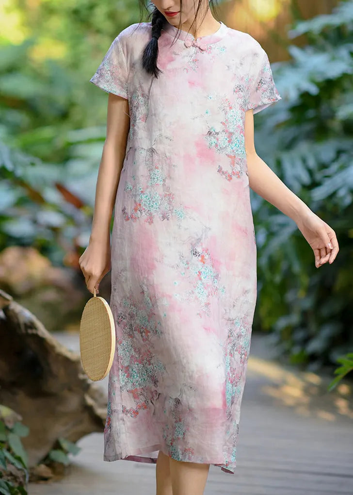 Retro Yellow Stand Collar Print Chinese Button Linen Dress Summer