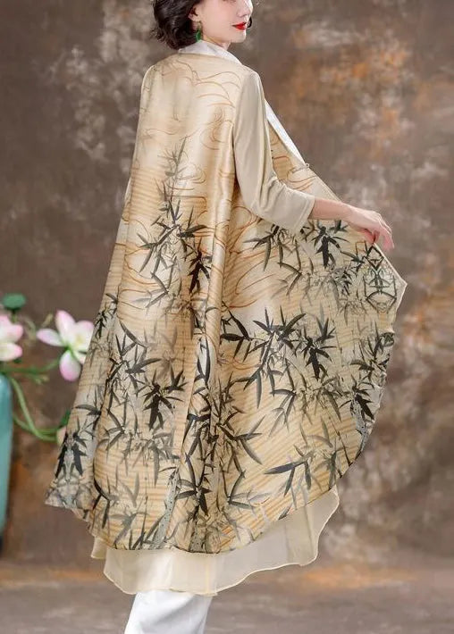 Apricot Asymmetrical Print Chinese Button Silk Cardigan Fall