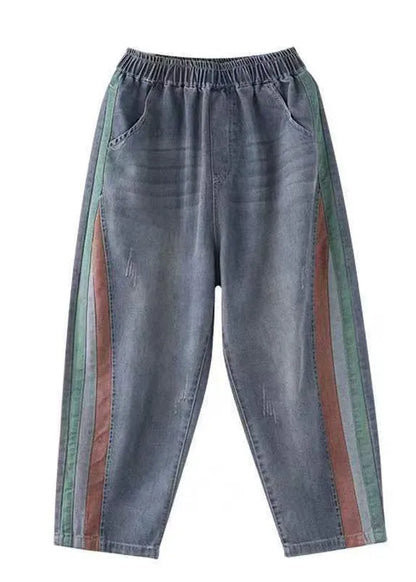 Blue Pockets Elastic Waist Denim Crop Pants Summer
