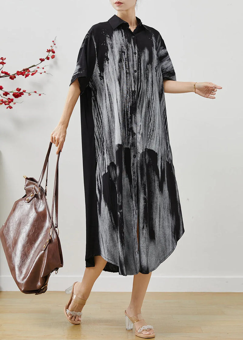 Black Oversized Print Cotton Shirt Dresses Summer