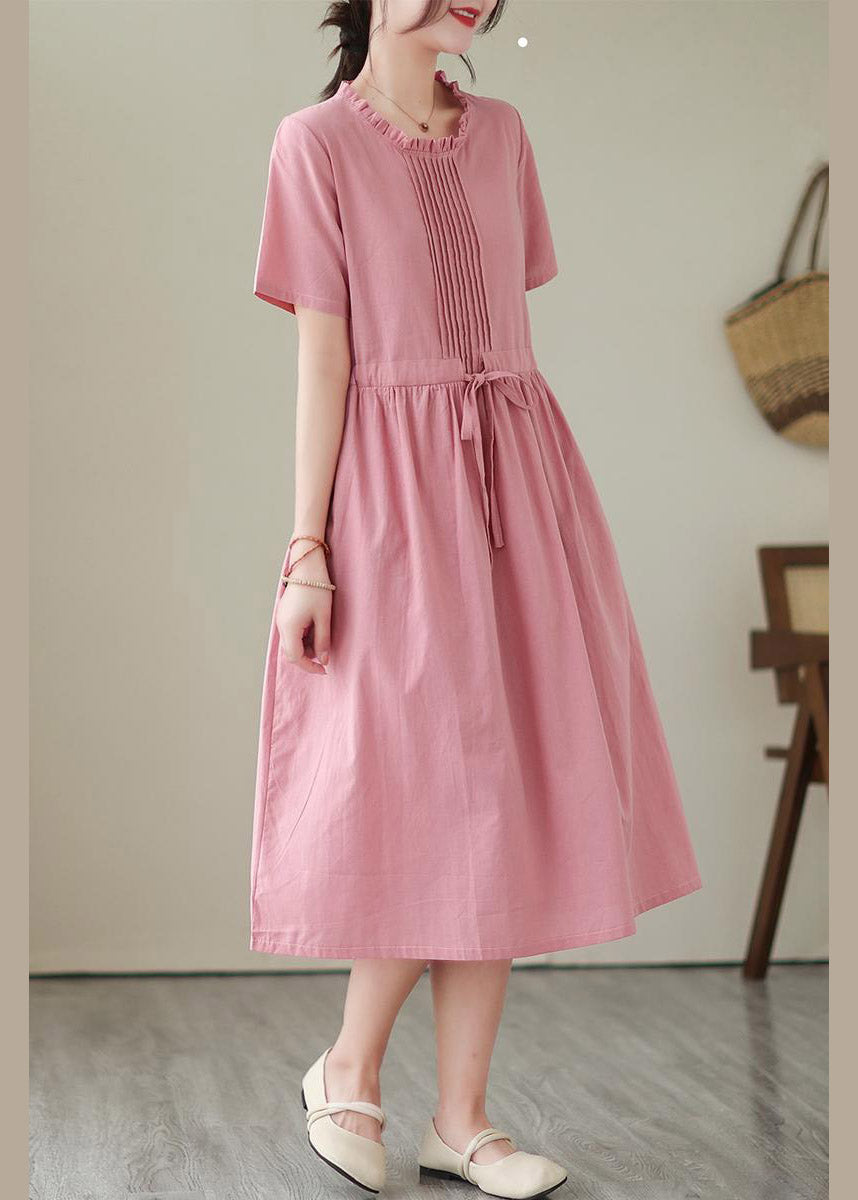 Green O-neck Patchwork Tie Waist Linen Long Dresses Short Sleeve