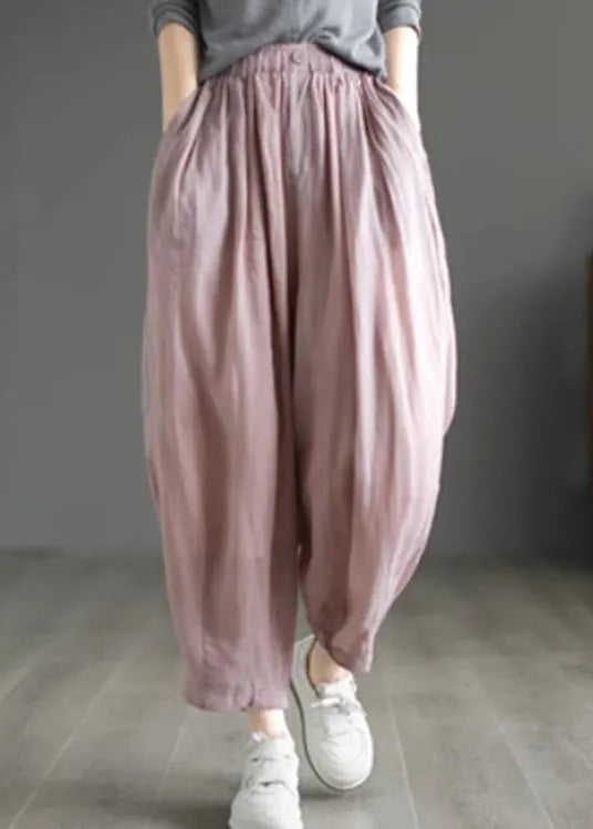 Art Pink Elastic Waist Ramie Crop Pants Summer