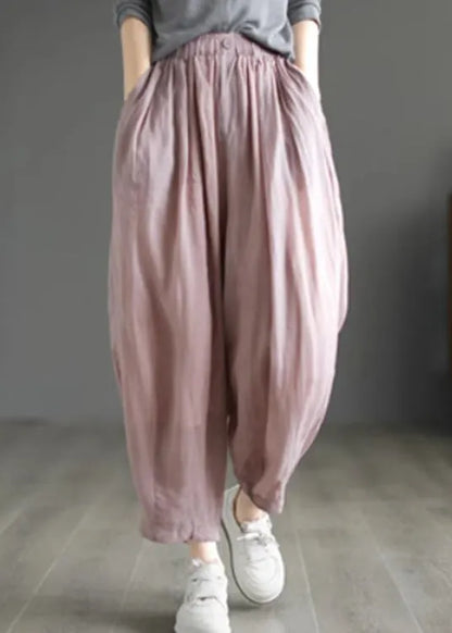 Art Pink Elastic Waist Ramie Crop Pants Summer