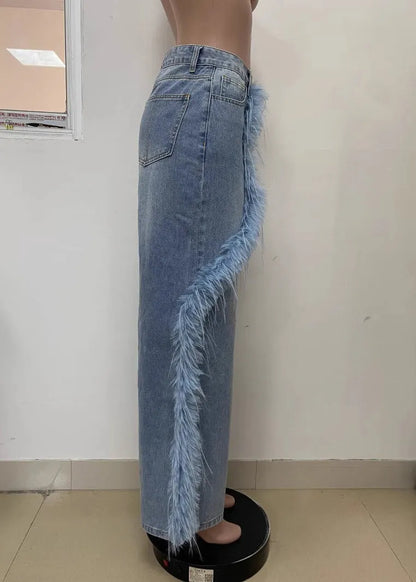 Italian Blue Tasseled Pockets Patchwork Denim Pants Fall