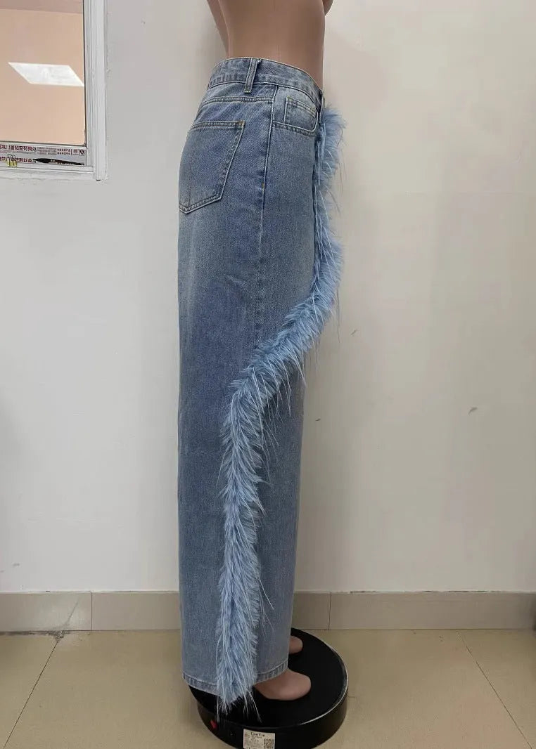 Italian Blue Tasseled Pockets Patchwork Denim Pants Fall