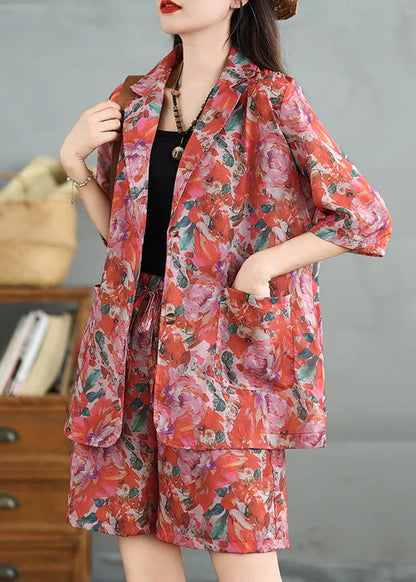Loose Peter Pan Collar Print Coat and Shorts Cotton Two Pieces Set Summer