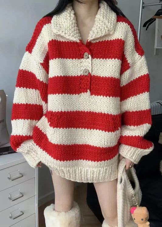 Red Oversized Striped Knit Sweaters Winter
