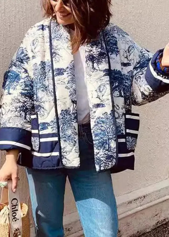 Handmade Navy Pockets Print Fine Cotton Filled Coat Fall
