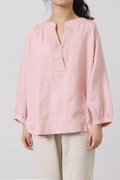 Cotton Linen V Neck Shirt Tops