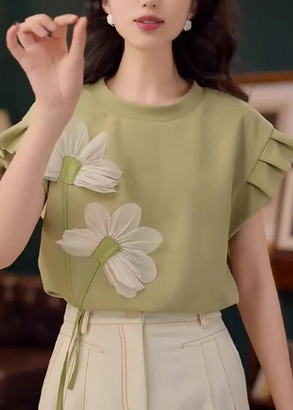 Green Patchwork Cotton Summer T Shirt O Neck